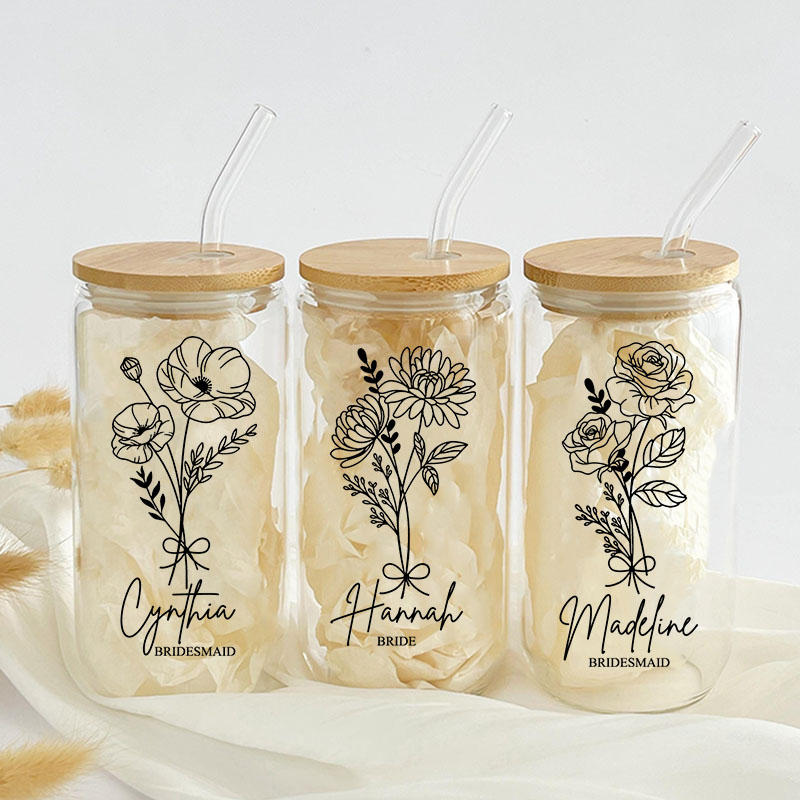 Personalized Bridesmaid Birth Flower Can Glasses with Lid and Straw Custom Bride Name Coffee Cup Bridal Shower Coffee Glasses Bachelorette Party Gift