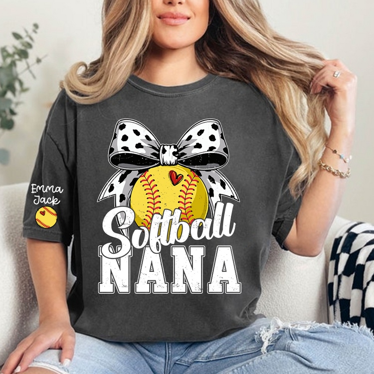Personalized Softball Nana Shirt – Custom Grandma T‑Shirt with Bow and Name, Gift for Proud Softball Grandma