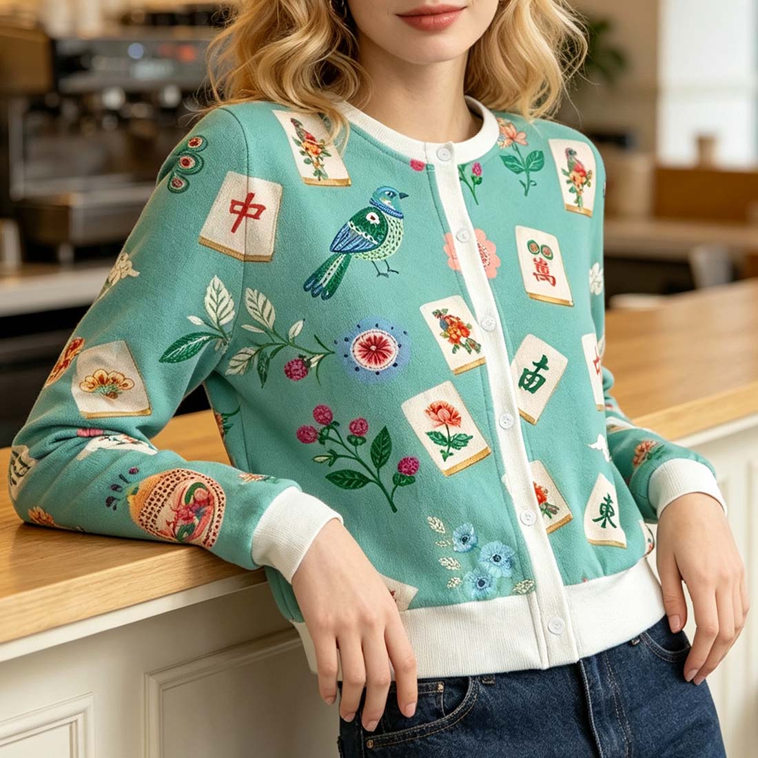 Retro Mahjong Women Crew Neck Cardigan Sweaters Chinoiserie Pattern Asian Art Short