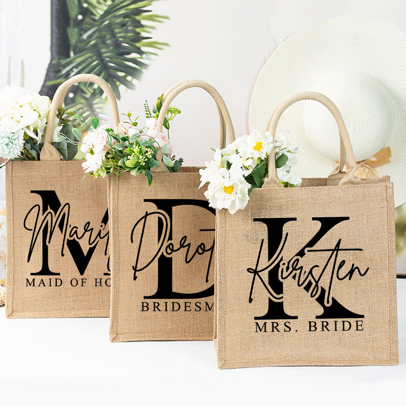 Personalized Minimalist Bridesmaid Burlap Tote Bag Custom Bride Initials Jute Tote Bag Wedding Beach Bag Bachelorette Party Favors Bridal Shower Gift