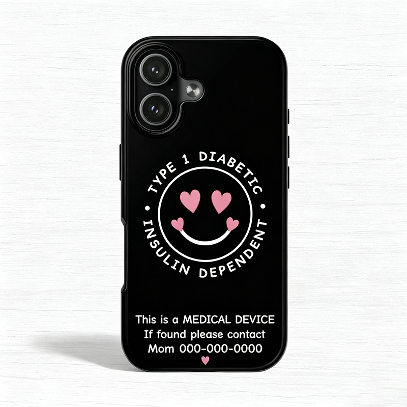 Personalized Smile Hearts Type 1 Diabetic Phone Case, Insulin Dependent Medical Alert, Medical Device