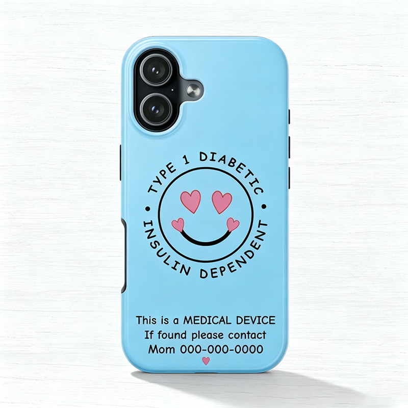Personalized Smile Hearts Type 1 Diabetic Phone Case, Insulin Dependent Medical Alert, Medical Device