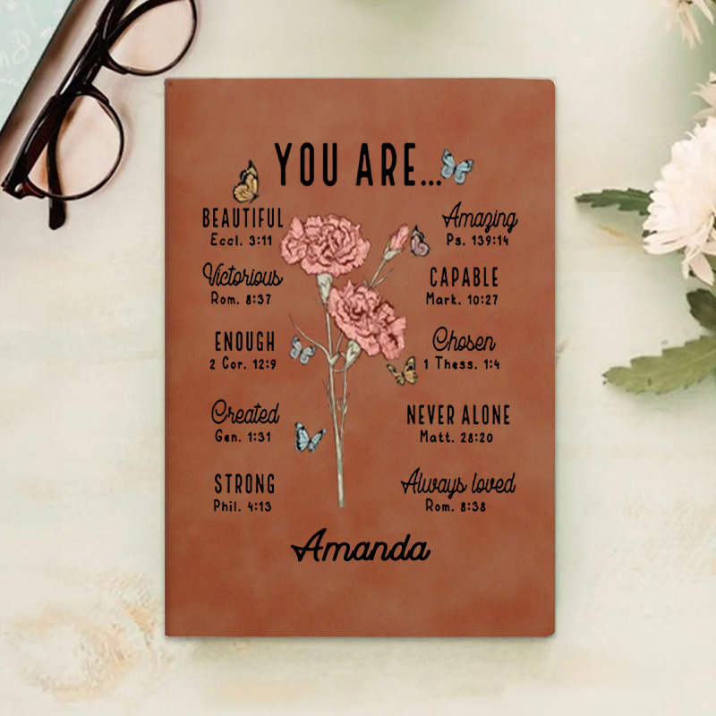 Personalized Birth Flower Bible Verse Prayer Journal Leather A5 Notebook with Name Baptism Birthday Gift for Women Christians