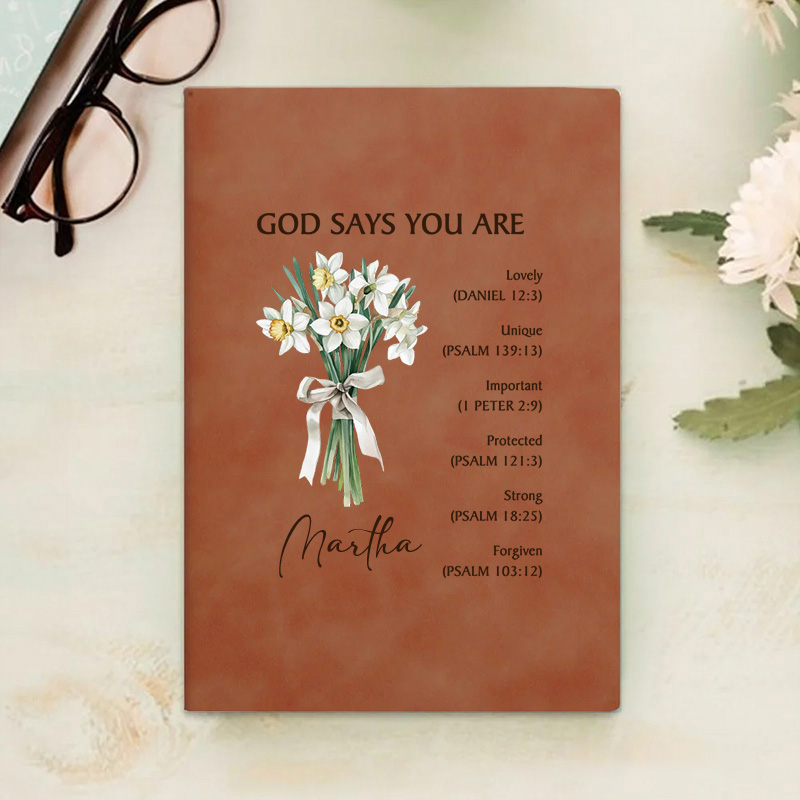 Personalized God Says You are Lovely Prayer Journal Leather A5 Notebook with Birth Flower Bouquet and Name Baptism Birthday Gift for Christians Women