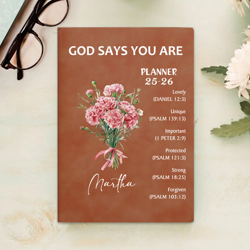 Personalized Flower Bouquet Bible Verse Planner 25-26 Leather A5 Notebook with Name Weekly Monthly Planning Birthday Religious Gift for Family Friends