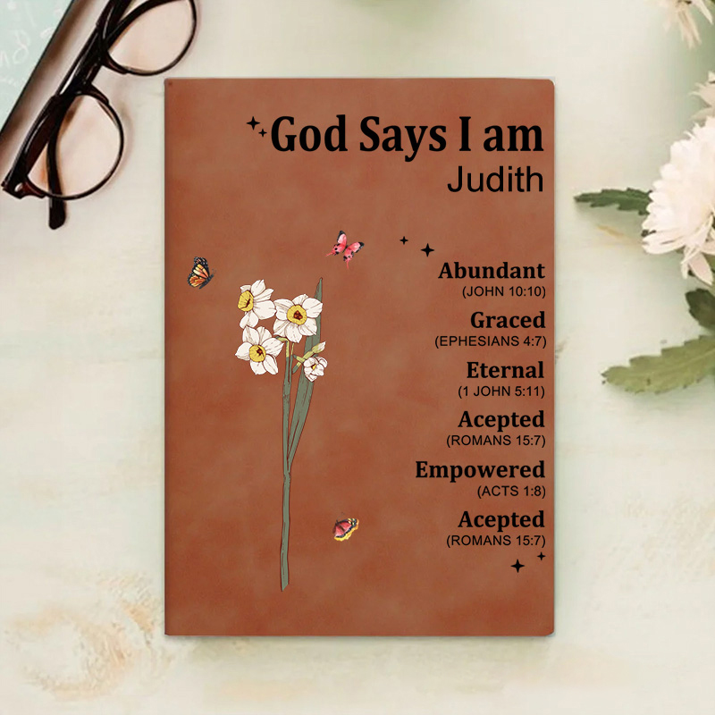 Personalized God Says I am Name Meaning on Bible Verse Prayer Journal Leather A5 Notebook with Name Baptism Thanksgiving Gift for Family Christians