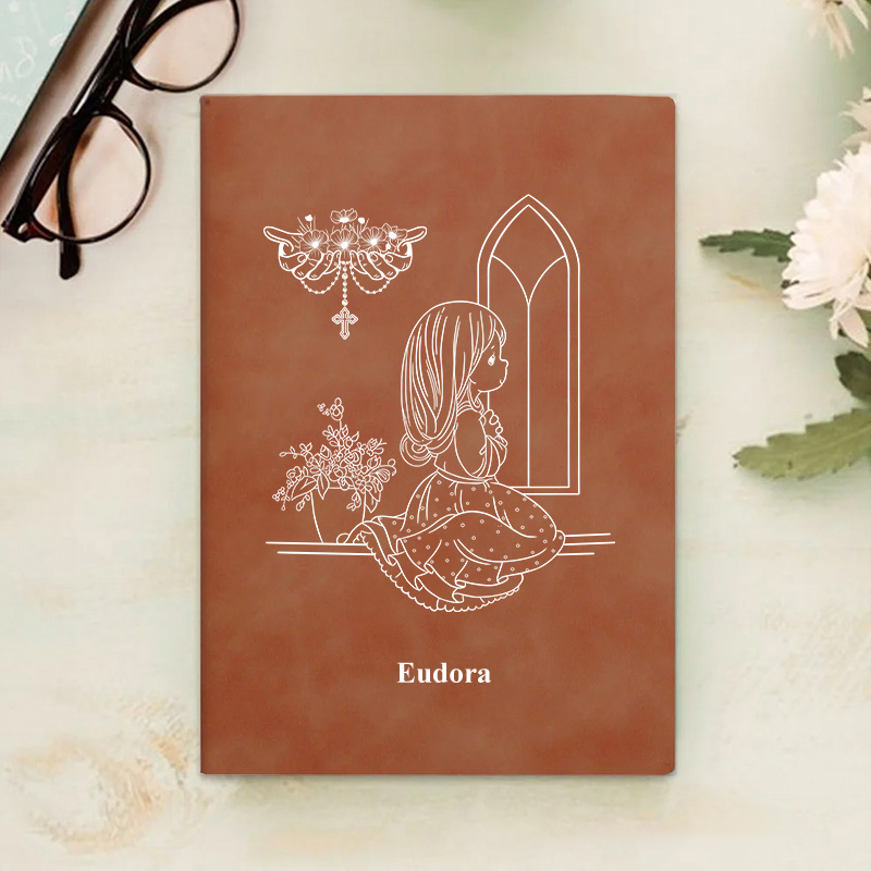 Personalized Birth Flower Kid Christian Leather A5 Notebook with Name Gift for Kids Gift for Girls Boys Baptism Gift Birthday Gift Religious Gift