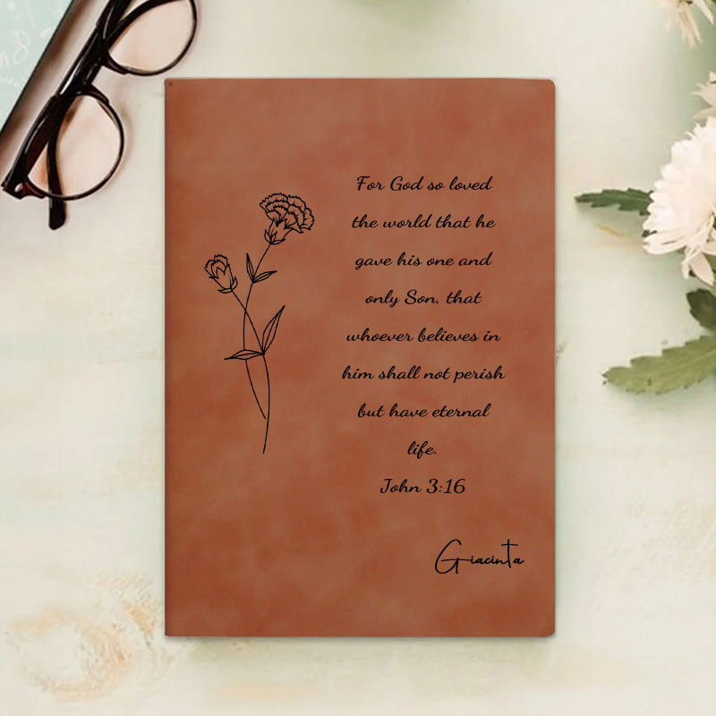 Personalized Birth Flower Bible Verse Prayer Journal Leather A5 Notebook with Name Church Study Birthday Baptism Religious Day Gift for Christians