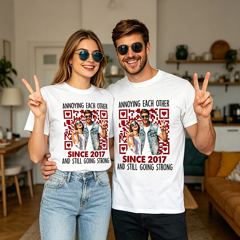 Personalized Annoying Each Other Since xxx Couple T-shirt Love QR Code T-Shirt for Couple Valentine's Day Gift Anniversary Gift