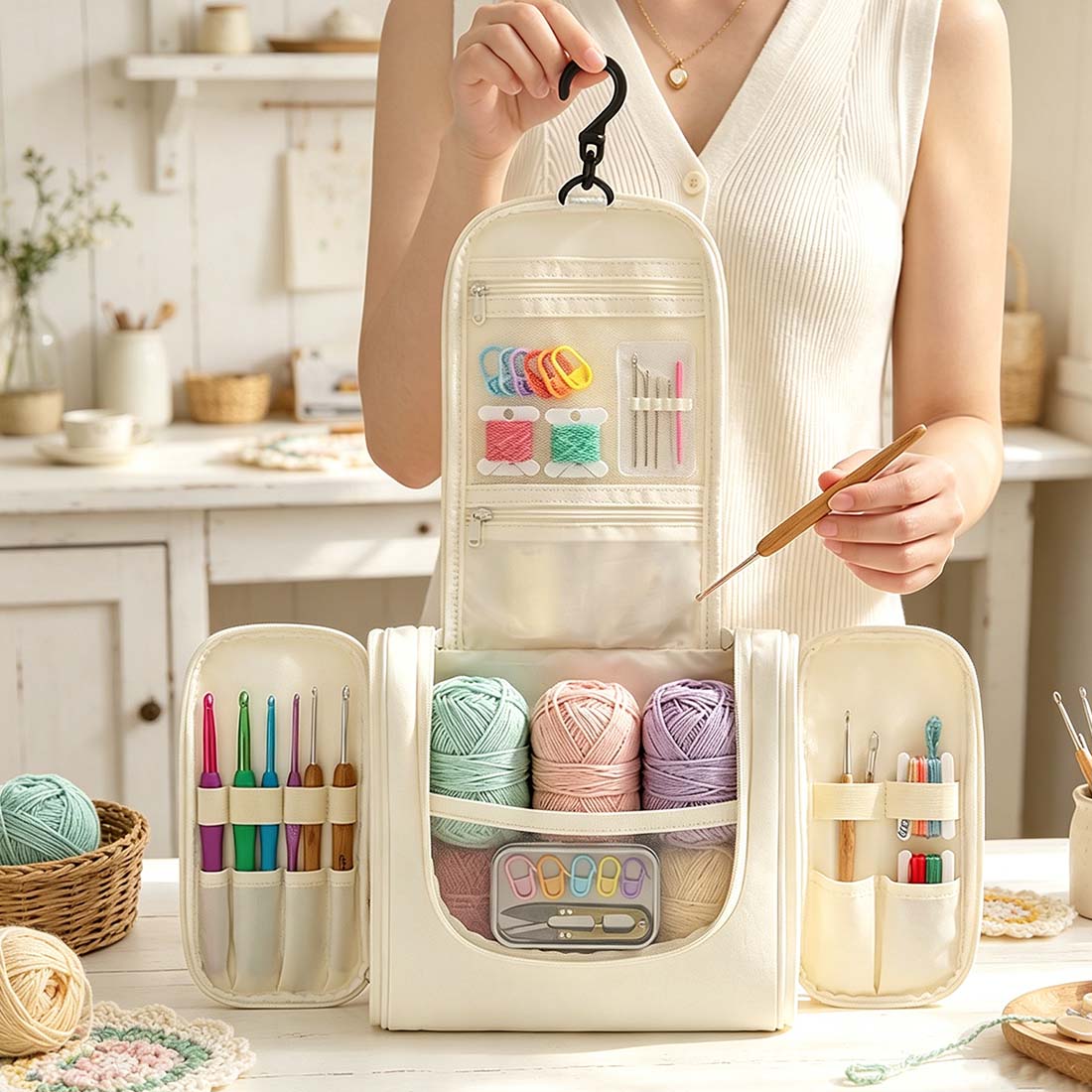 Personalized Crochet Storage Bag Water Resistant Crochet Storage Bag with Hanging Hook Custom Name with Birth Flower Crochet Tool Storage Bag Portable Storage Bag Large Capacity Multiple Pockets Organizer Bag
