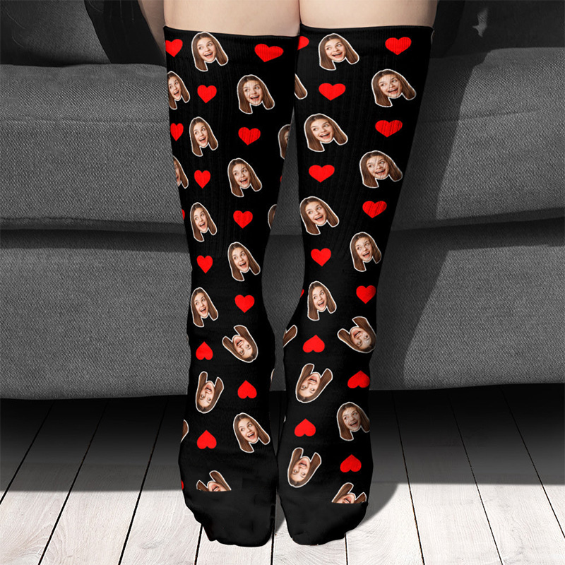 Personalized Love Heart Couple Face Photo Socks Valentine's Day Socks for Husband Wife Boyfriend Girlfriend