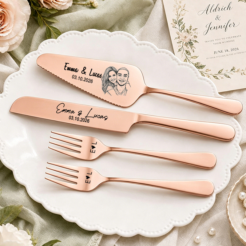 Personalized Wedding Cake Knife and Server Set Engraved Cake Cutting Utensils with Gift Box Couple Photo Face Wedding Cake Cutting Set Gift
