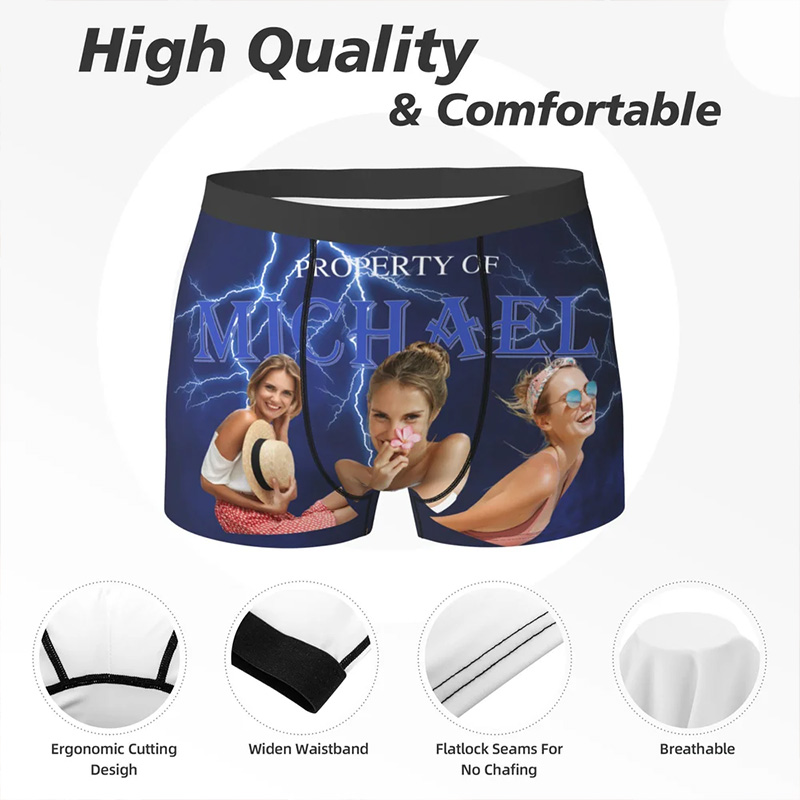Personalized Girlfriend Wife Face Boxer Brief Property of 3 Face Photos Men Underwear with Woman Face Valentines Day Gift for Boyfriend Husband