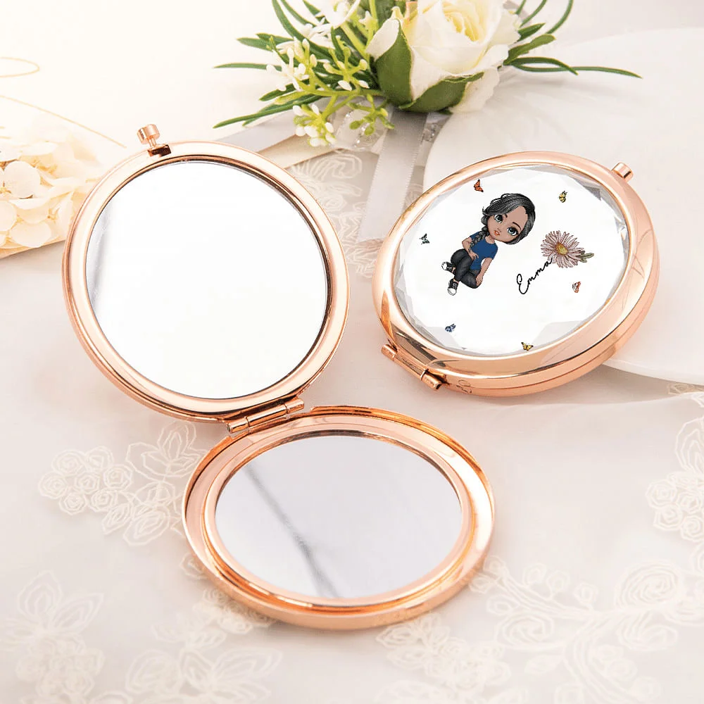 Personalized Cartoon Character Compact  Bridesmaid Pocket Makeup Mirror with Birth Flower and Name Birthday Bridesmaid Gift for Her
