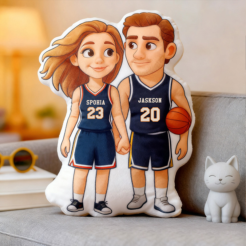 Personalized Basketball Pillow with Custom Couple Portrait Design Slam Dunk Your Valentine’s Day Love