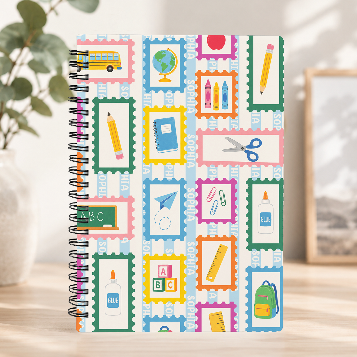 Personalized Colorful School Icons Pencils Books Apples Crayons Rainbow Back To School Kids Name Spiral Notebook