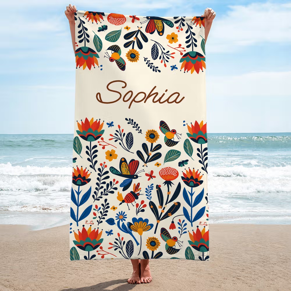 Personalized Beach Towel Custom Photo Watercolor With US Accessories 250th Anniversary Forth Of July