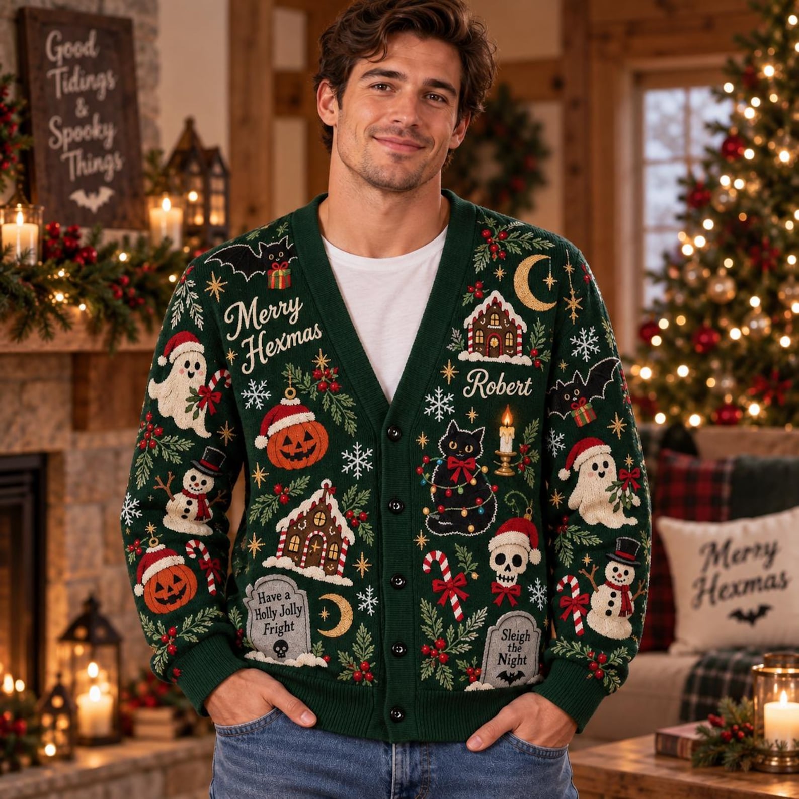Personalized Spooky Christmas Knitted Cardigan: Custom Name Merry Hexmas Sweater