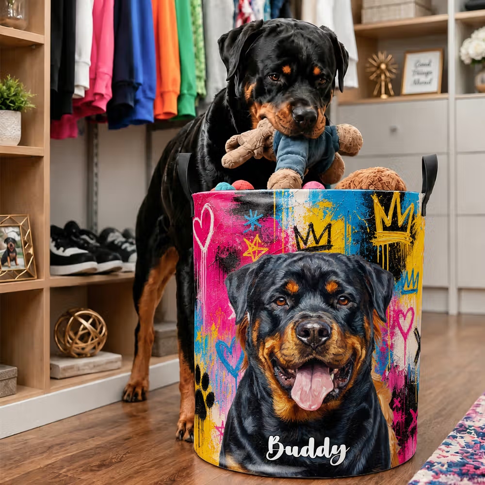 Personalized Pet Portrait Collapsible Laundry Hamper, Large Capacity Custom Name Storage Basket Birthday and Housewarming Gift for Pet Lovers