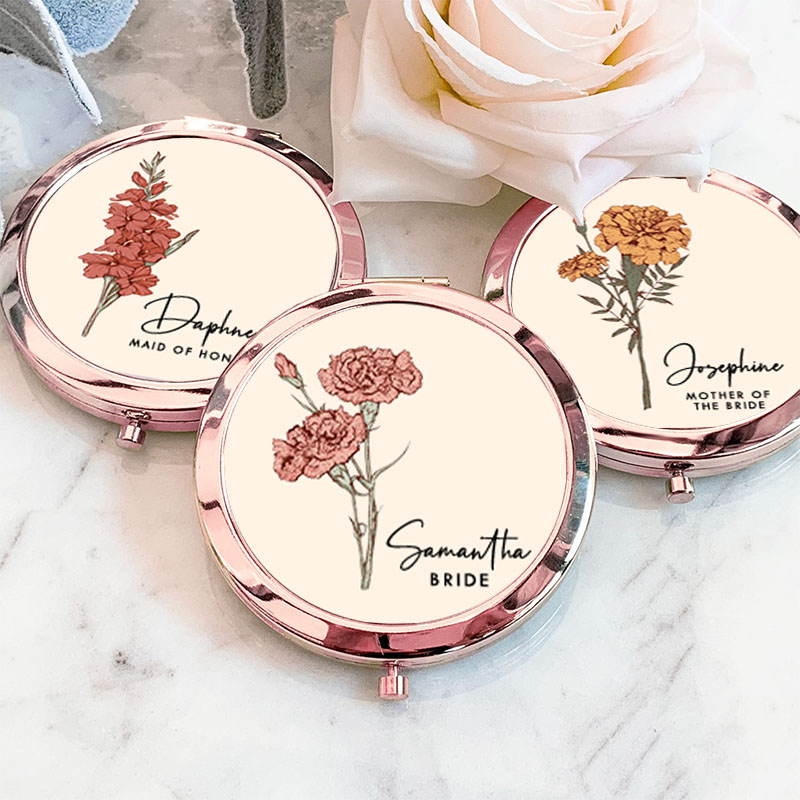 Personalized Bridesmaid Elegant Birth Flower Mirror Custom Bride Moth Flower Compact Mirror Maid of Honor Bachelorette Party Mirror Bridal Shower Gift