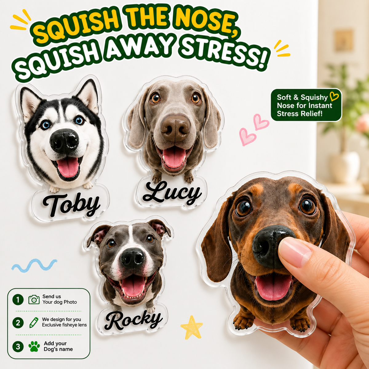 Personalized Pet Nose Squeeze Fridge Magnet Toy with Custom Face & Name Custom Dog Nose Squishy 
