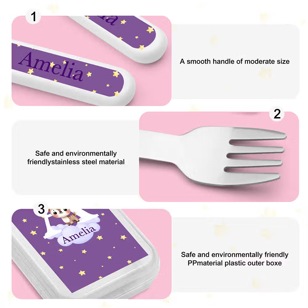 Personalized Cartoon Animal Safe Stainless Steel Kid’s Fork Spoon Knife 3 Pcs Cutlery Set with Initial Case and Name Birthday Gift 