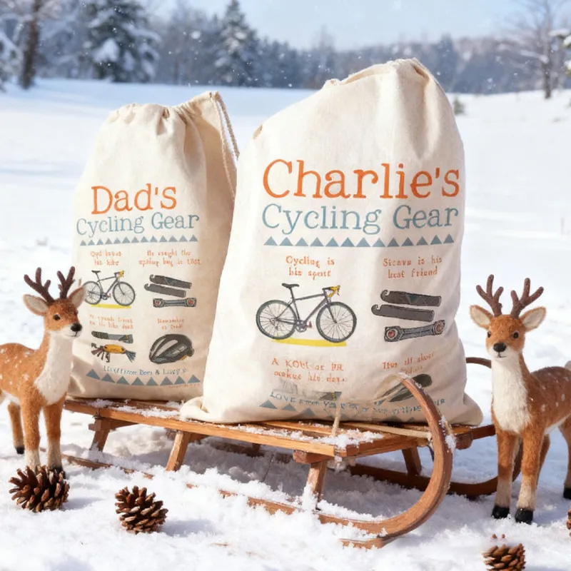 Personalized Merry Christmas Sack Family Christmas Gift Wrap Bag Cycling Storage Sack Mountain Bike Gift Cotton Cycling Kit Sports Bag Gift for Cyclist Bicycle Biker Riding Lovers