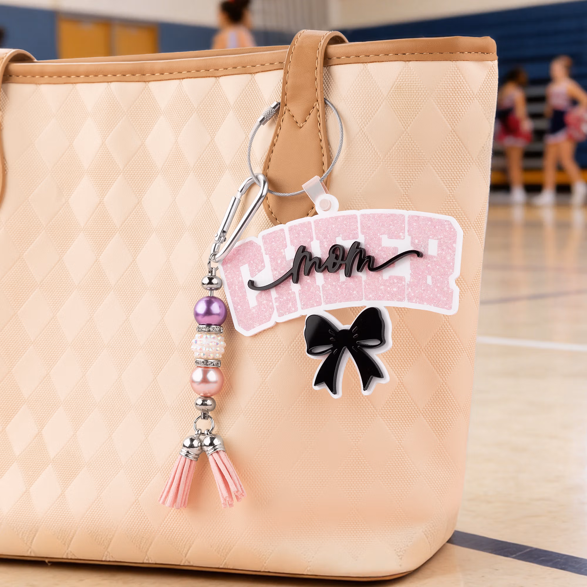 Personalized Glitter Bow Ribbon Cheering Horns Charm Keychain with Name and Tassel Sports Team Birthday Gift for Cheerleader