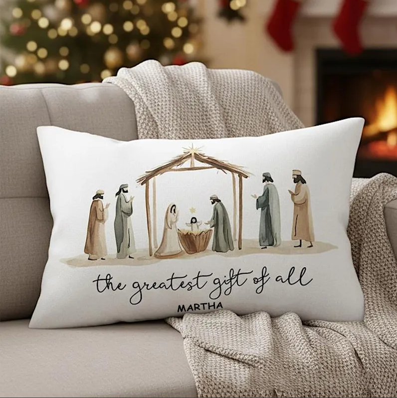 Personalized the Greatest Gift of All Christian Christmas Nativity Star Pillow with Custom Name Xmas Holiday Christian Décor Baby Jesus Religious Gift