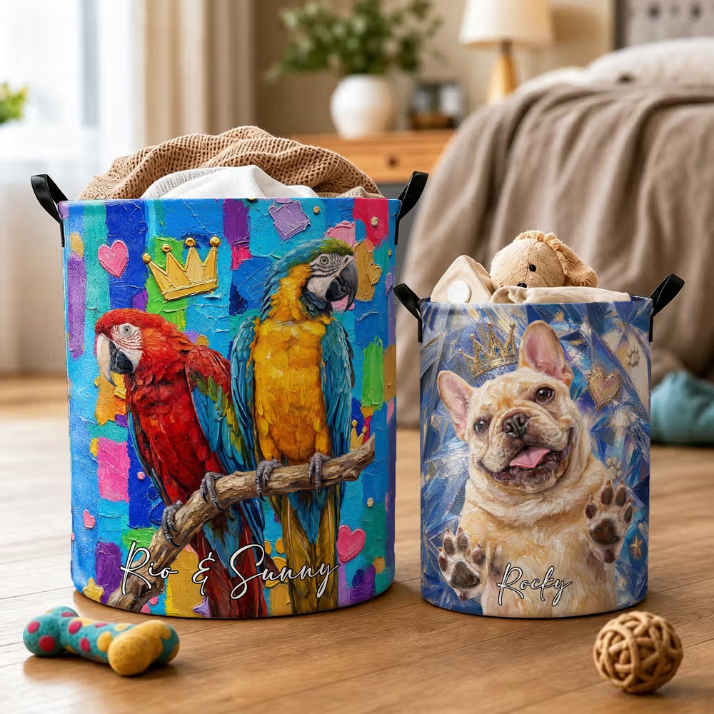Personalized Pet Portrait Collapsible Laundry Hamper, Large Capacity Custom Name Storage Basket Birthday and Housewarming Gift for Pet Lovers