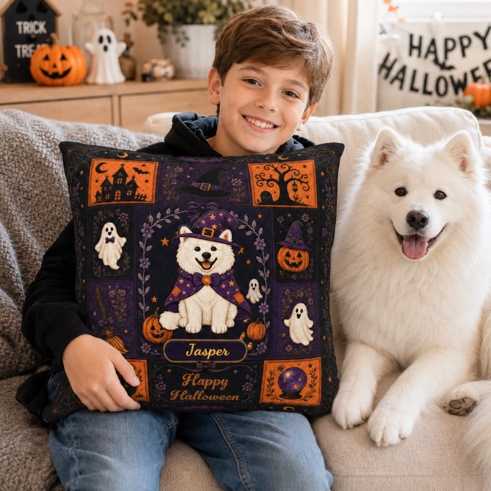 Personalized Photo and Name Retro Cartoon Halloween Pet Witch Throw Pillow Home Decor Halloween Gift for Pet Lovers