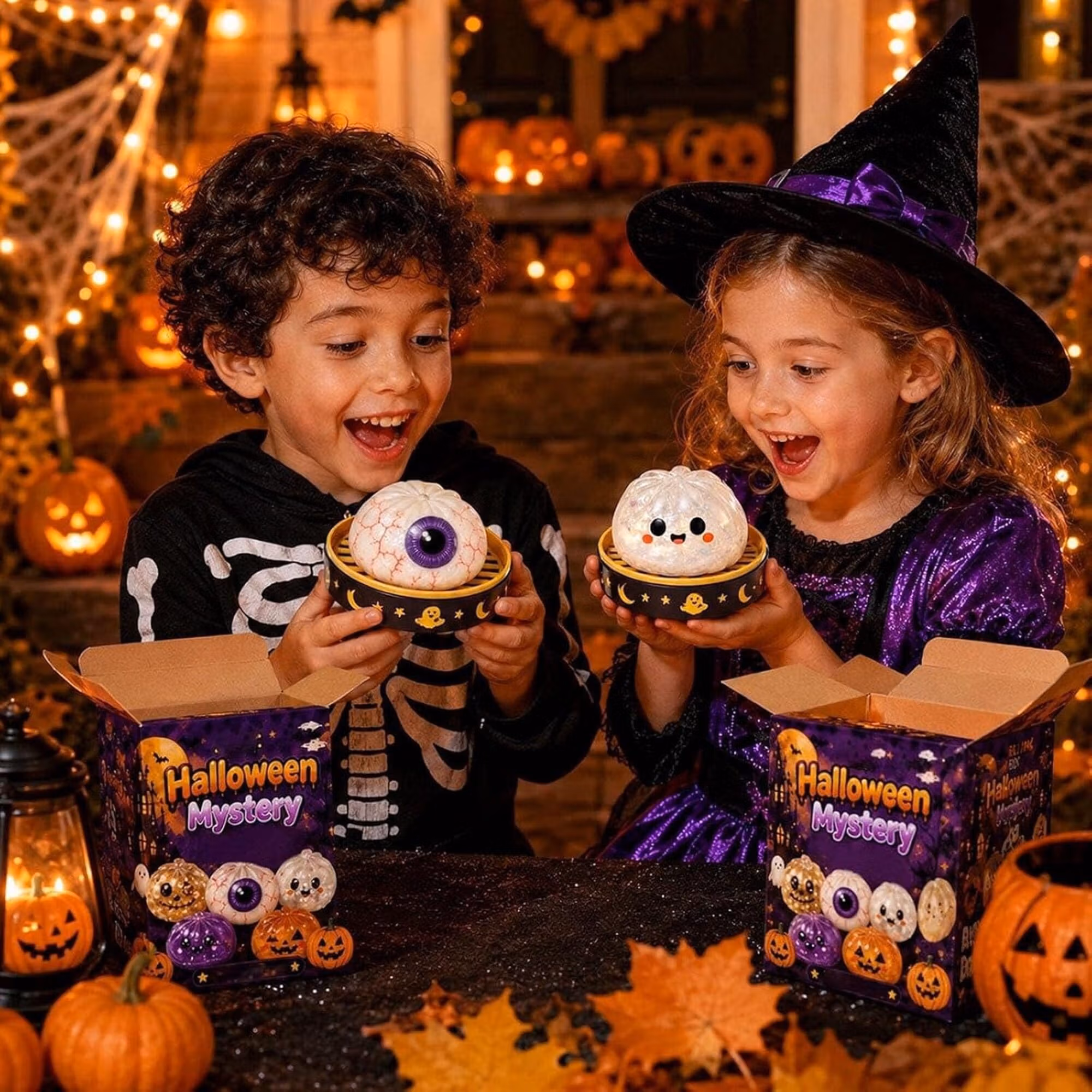 Halloween Mystery Glitter Dumpling Squishy Box Set Ghost Pumpkin Eyeball Design Soft Stress Relief Fidget Toy Party Favor Gift