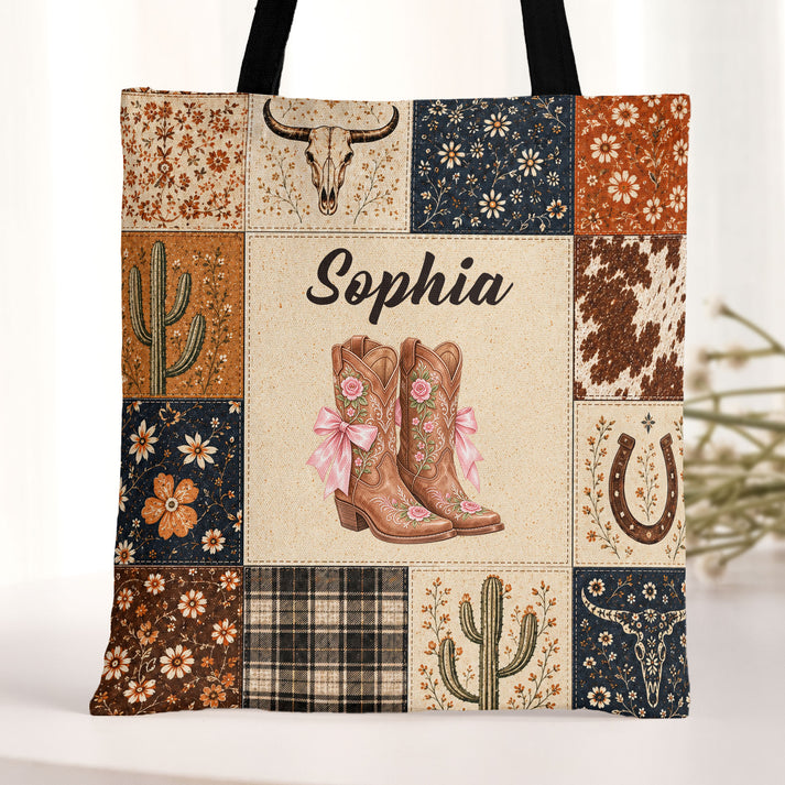 Personalized Cactus Boots Horseshoe Patchwork Style Gift For Western Girl - Personalized Tote Bag