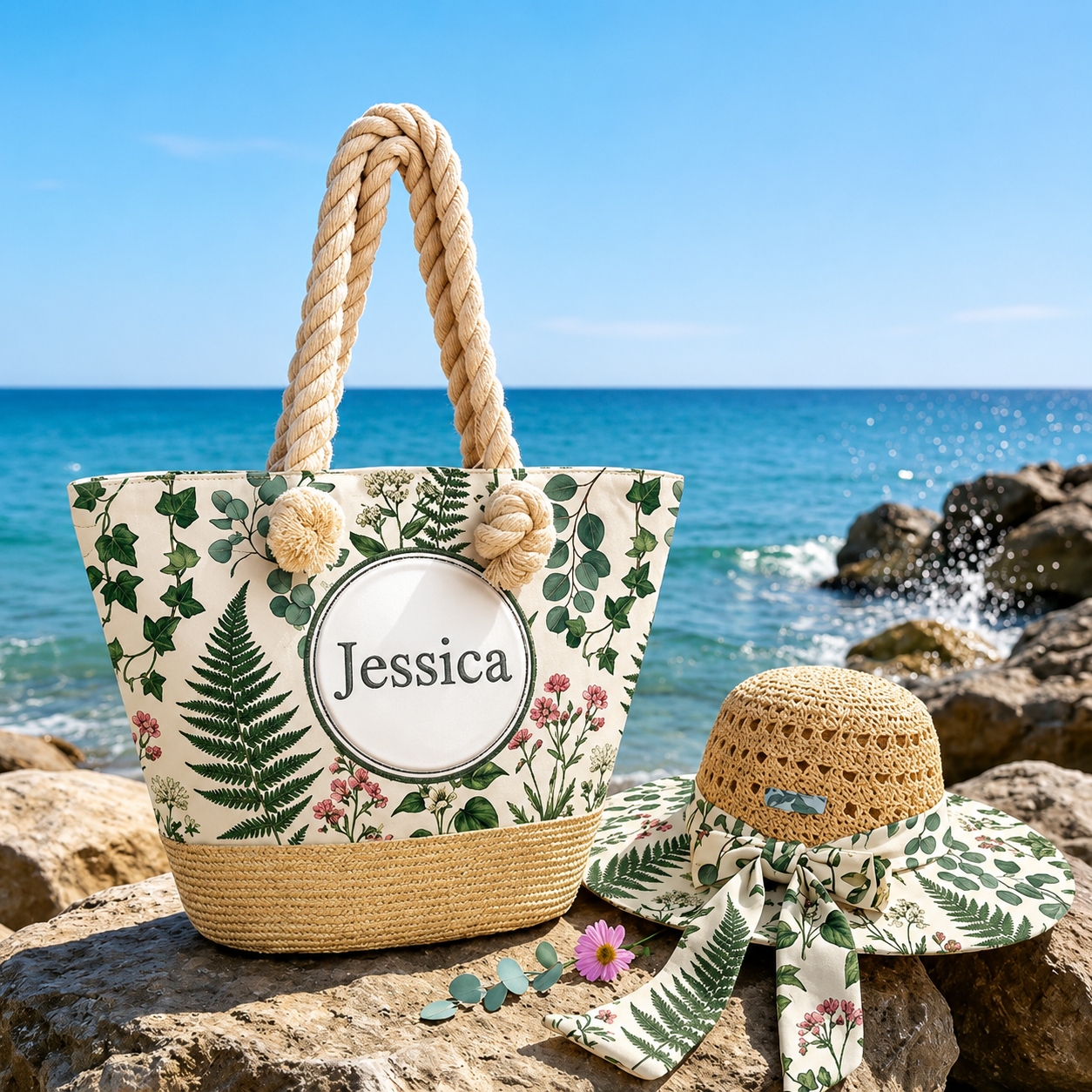 Personalized Name Beach Bag and Sun Hat Set with Fresh Botanical Fern Floral Print for a Beach Vacation