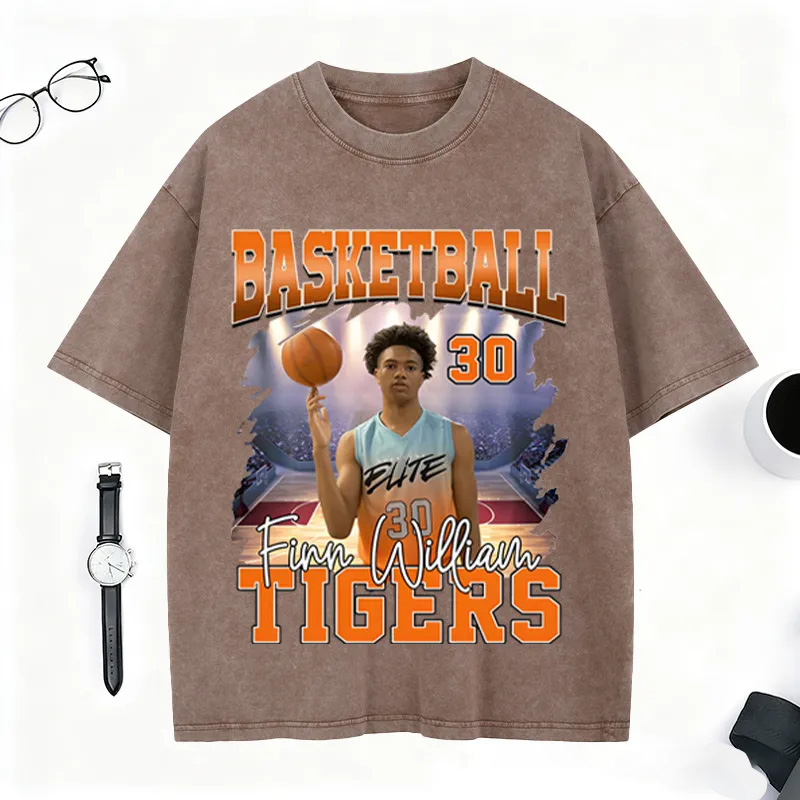 Personalized Basketball Washed T-Shirt Featuring Custom Photo and Team Design