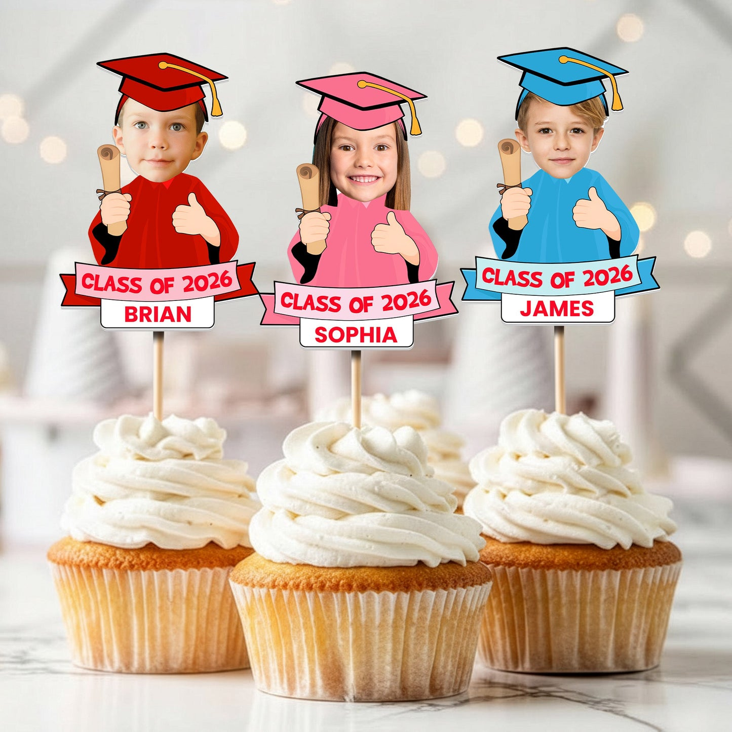 Personalized Funny Face Graduation Season Cupcake Toppers Custom Party Decor Graduation Celebration Dessert Picks Senior Year Gift Idea