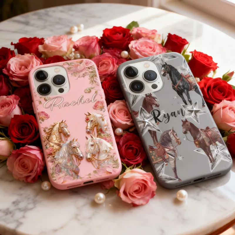 Personalized Couple Phone Case Phone Cases with French Countryside Gifts Floral Design and Custom Name for Riding Lovers Equestrian Lovers Unique Style Phone Cases