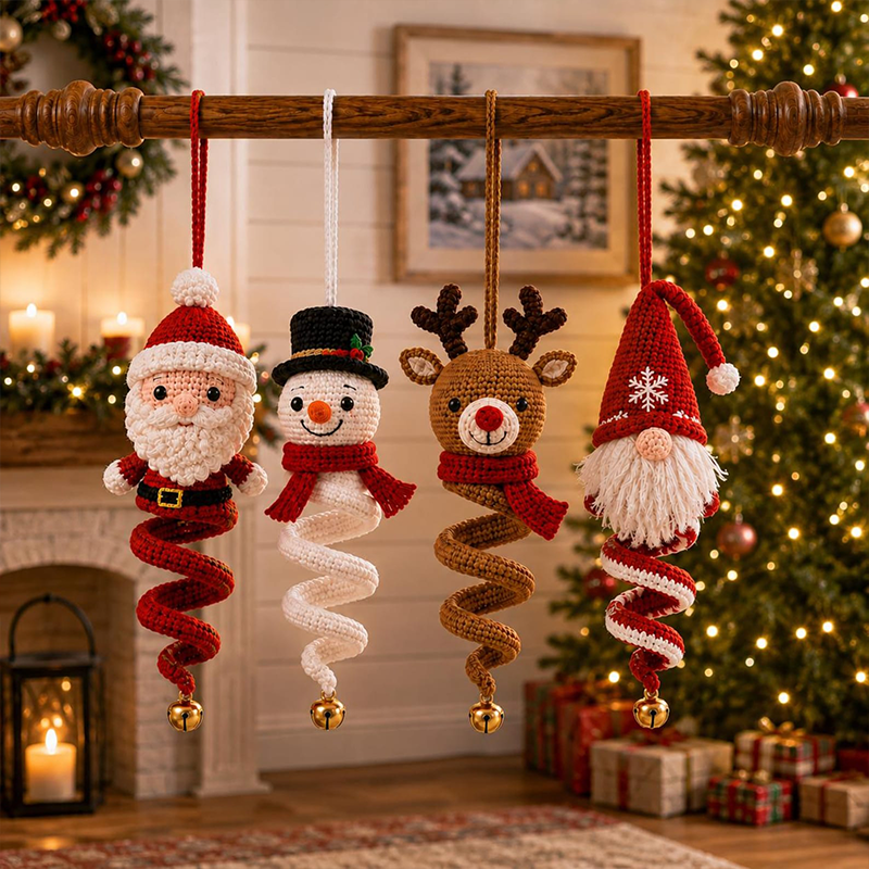 Christmas Crochet Ornament Kit, Soft Cotton Yarn DIY Spiral Santa Snowman Hanging Decor Material Pack, Holiday Craft Gift