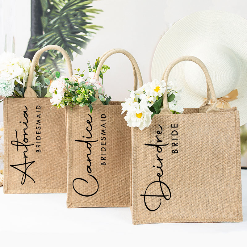 Personalized Bridesmaid Stylish Burlap Tote Bag Custom Bride Name Jute Tote Bag Wedding Beach Bag Bachelorette Party Favors Bridal Shower Gift