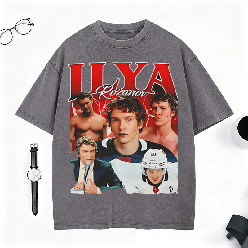 Personalized Ice Hockey Fans Washed T-Shirt with Custom Red Lightning Image Gift for Fans