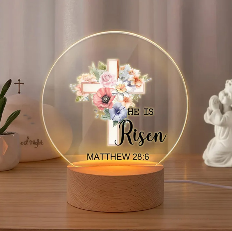 Personalized He Is Risen Cross 1-5 Birth Flowers LED Night Light with Text and Wooden Base Home Decor Easter Gift for Christian