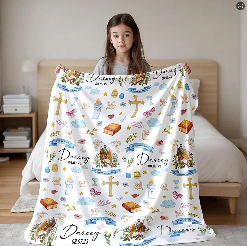 Personalized Holy Saints Soft Throw Blanket with Name and Date Birthday Baby Shower Gift Religious Gift for Kids