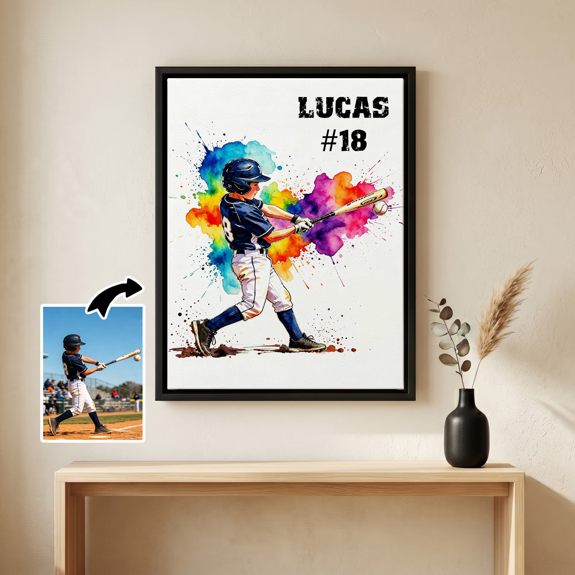 Personalized Watercolor Splatter Paint Player Photo Canvas Prints with Text Wall Decor Birthday Gift for Sports Fan Lover