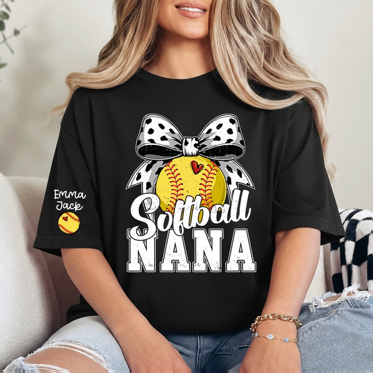 Personalized Softball Nana Shirt – Custom Grandma T‑Shirt with Bow and Name, Gift for Proud Softball Grandma
