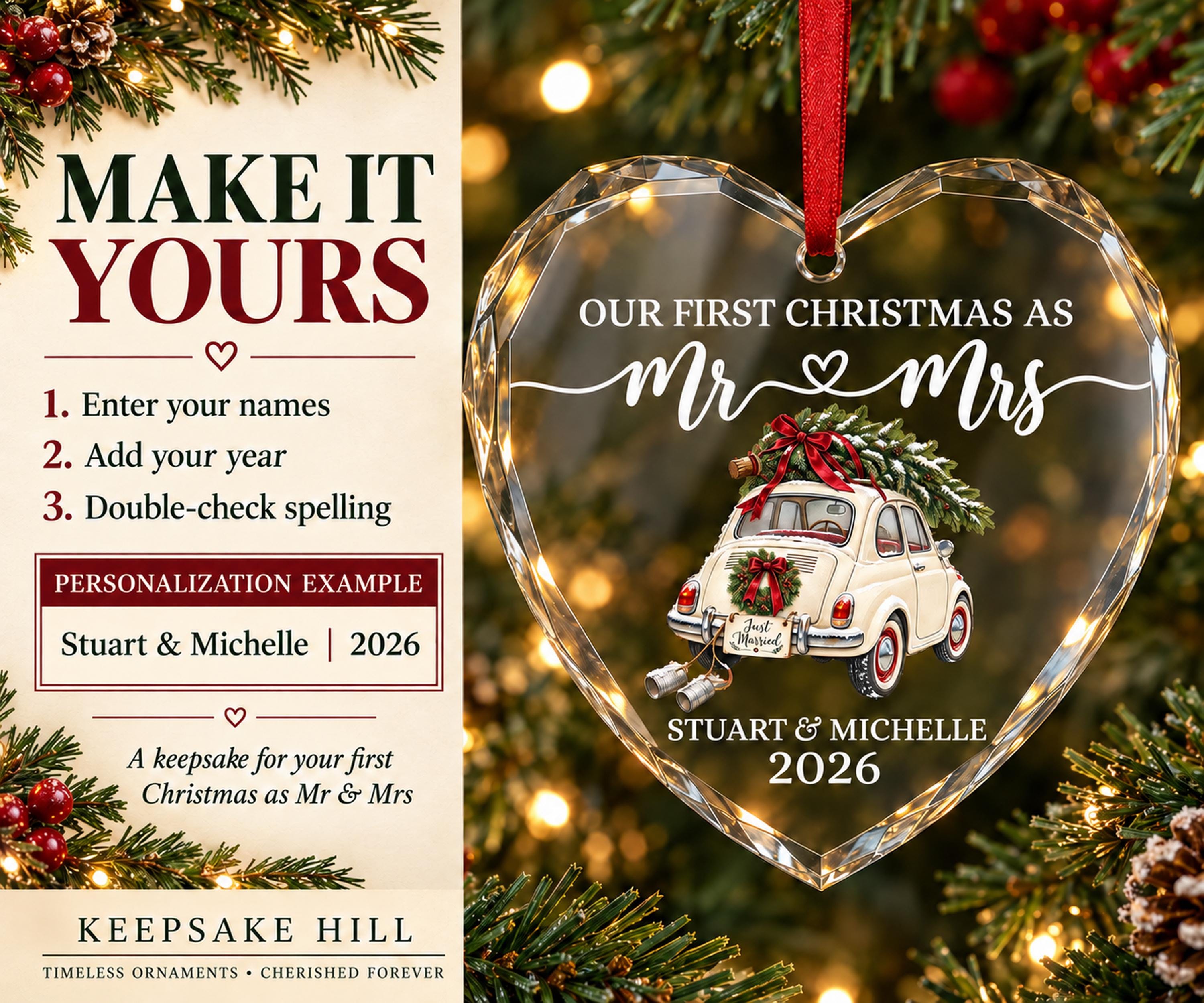 Personalized Just Married Car Ornament,Mr & Mrs Ornament,  First Christmas Married Crystal Glass Heart, Newlywed Christmas Gift