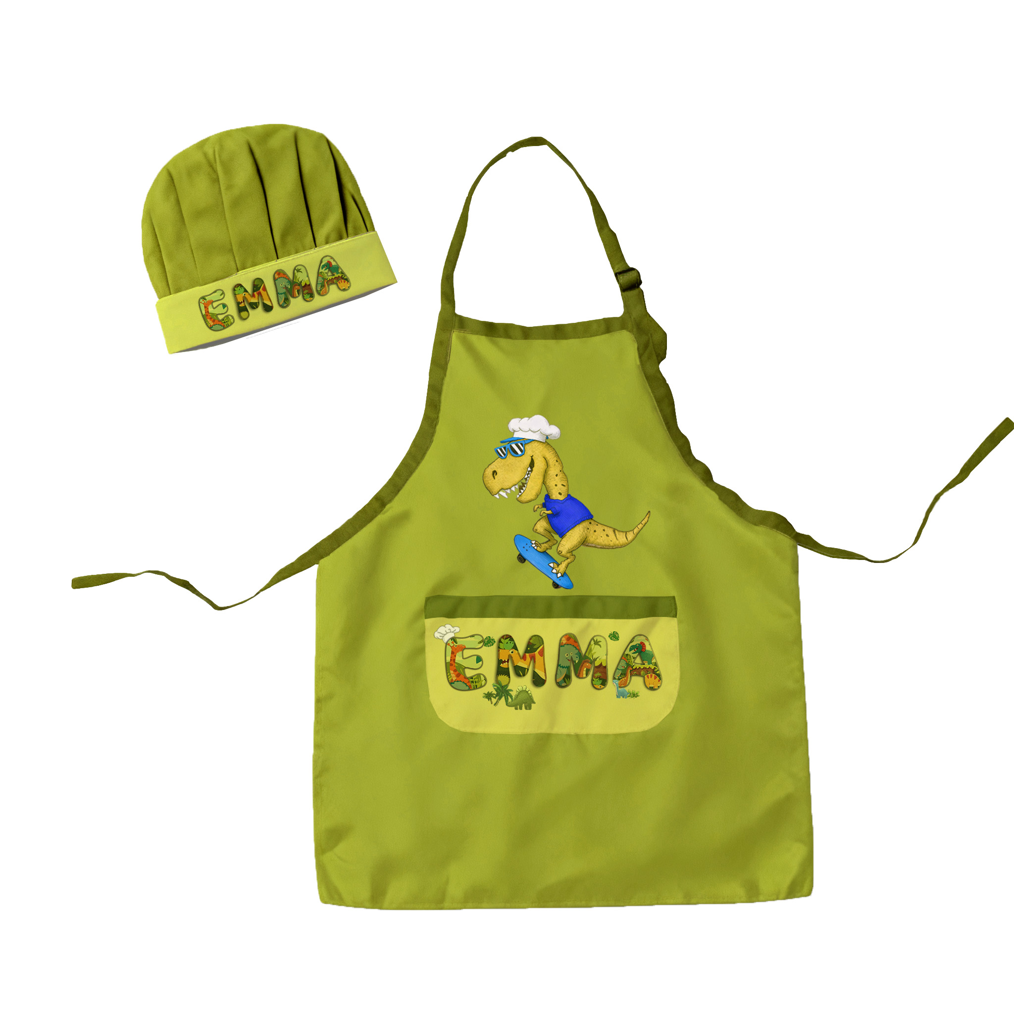 Personalized Dinosaur Chef Adventure Adjustable Kid Apron Chef Hat Set with Pocket and Name for Cooking Baking Birthday Holiday Gift for Kids