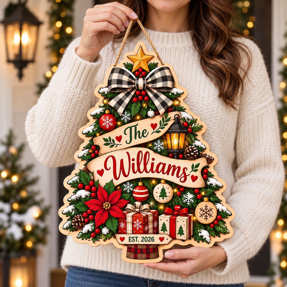 Personalized Christmas Tree Door Hanger, Custom Family Name Door Sign, Farmhouse Holiday Front Door Decor, Family Christmas Gift
