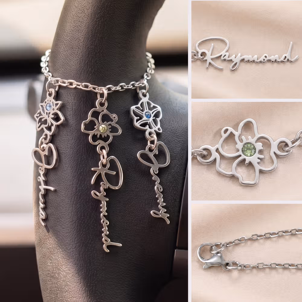 Custom Birth Flower Name Charm Chain Multi-Use Bracelet & Car Steering Wheel Decor, Adjustable Stainless Steel Personalized Jewelry