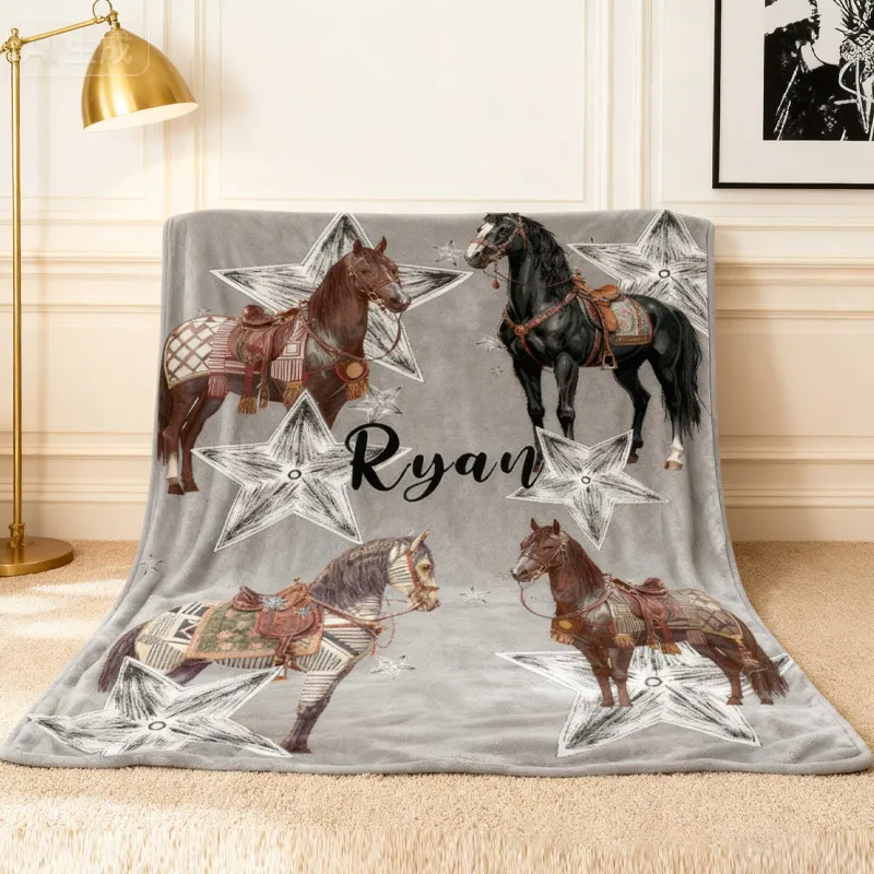 Personalized Riding Star Blanket Equestrian Horse Custom Name Festive Stars Decor with French Countryside Gifts Family Blanket for Riding Lovers Equestrian Lovers