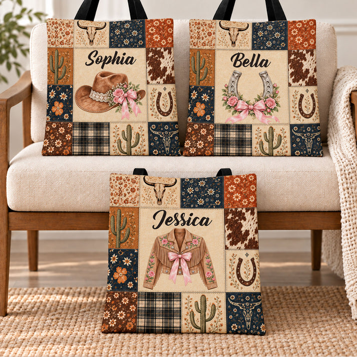 Personalized Cactus Boots Horseshoe Patchwork Style Gift For Western Girl - Personalized Tote Bag